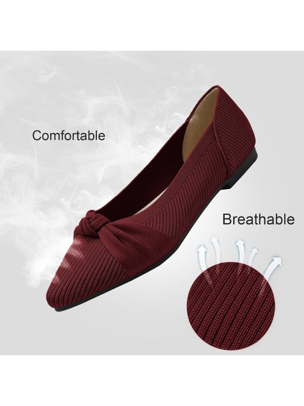 Women's Red Pointed Toe Knit Washable Ballet Flat Comfortable Dress Shoes - Picture 4 of 6